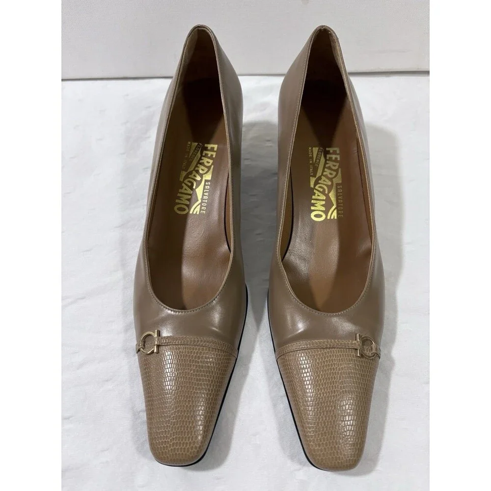 Vintage Salvatore Ferragamo Lizard Cap Toe Kitten Heels Taupe Beige Size 10 4A